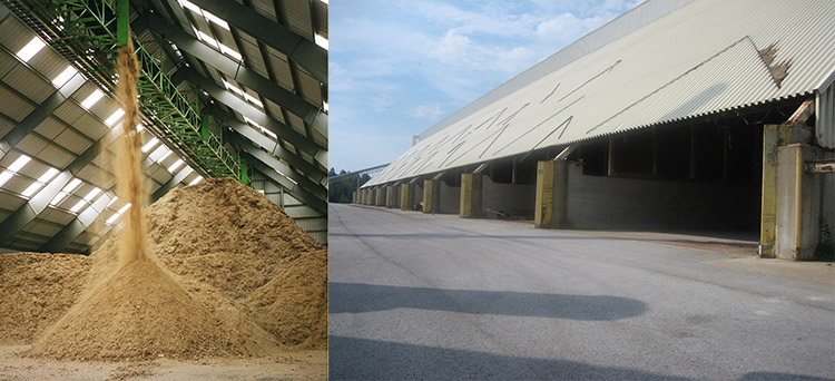 a picture of the storage warehouse of a pellet plant